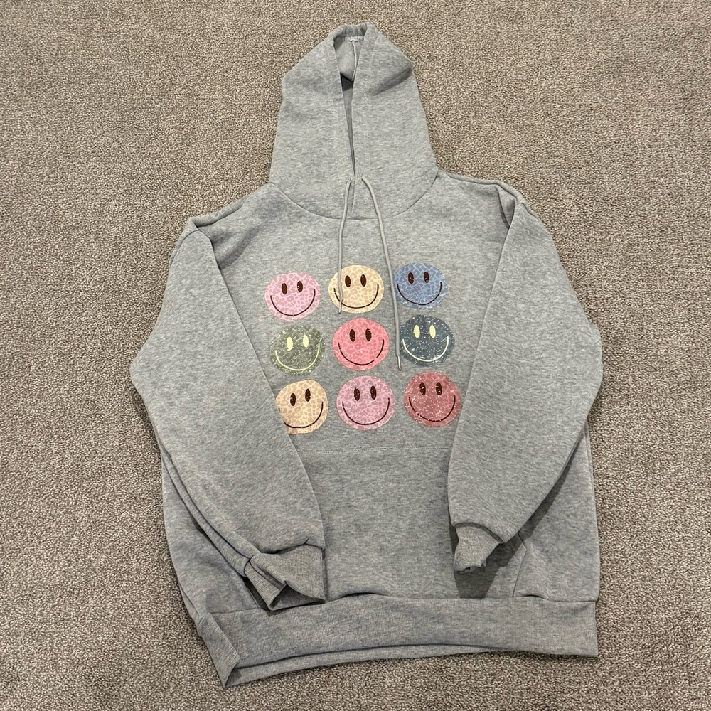 Gray Hoodie with Colorful Smiley Faces